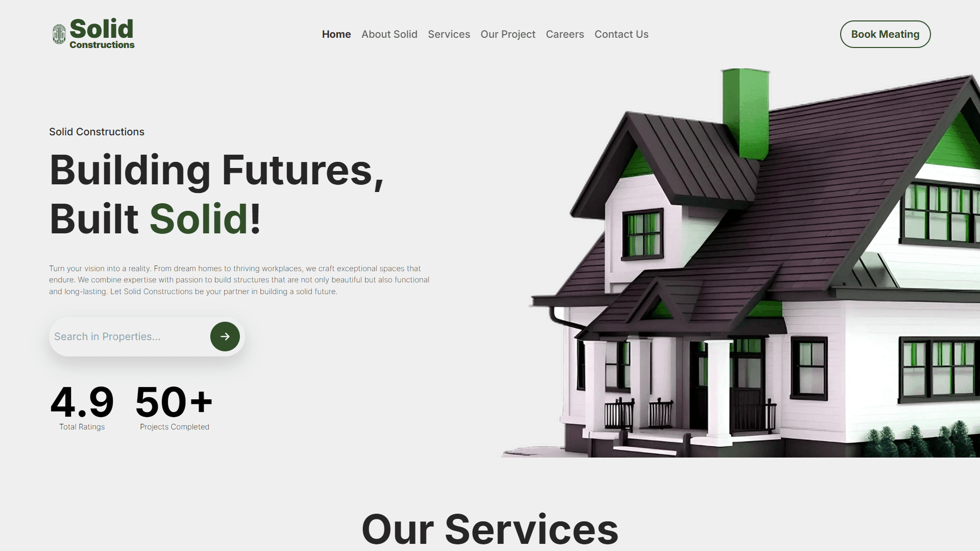 Responsive website page designed for Solid Constructions featuring modern UI design, construction-related visuals, and optimized user experience. | صفحة ويب متجاوبة مصممة لشركة Solid Constructions تتضمن واجهات حديثة، وعناصر بصرية مرتبطة بقطاع الإنشاءات، وتجربة مستخدم محسنة.