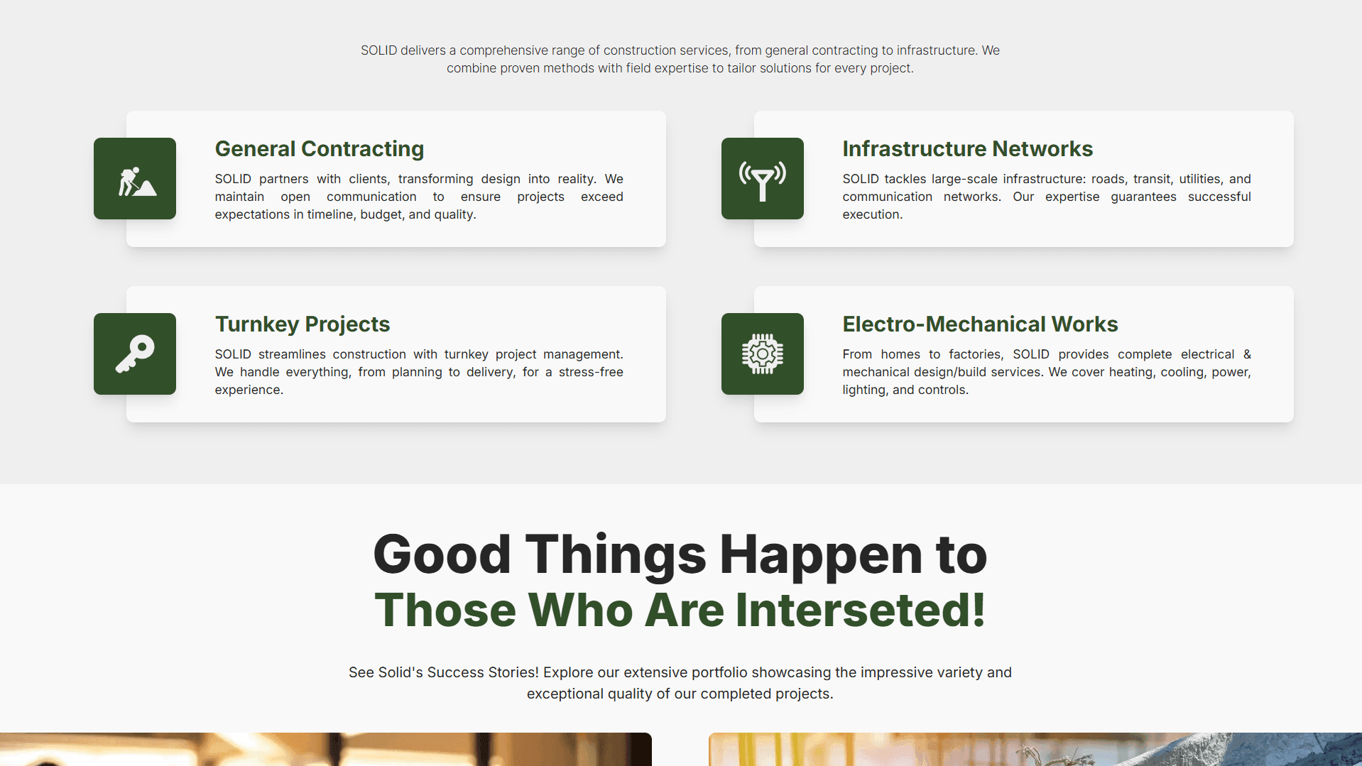 Responsive website page designed for Solid Constructions featuring modern UI design, construction-related visuals, and optimized user experience. | صفحة ويب متجاوبة مصممة لشركة Solid Constructions تتضمن واجهات حديثة، وعناصر بصرية مرتبطة بقطاع الإنشاءات، وتجربة مستخدم محسنة.