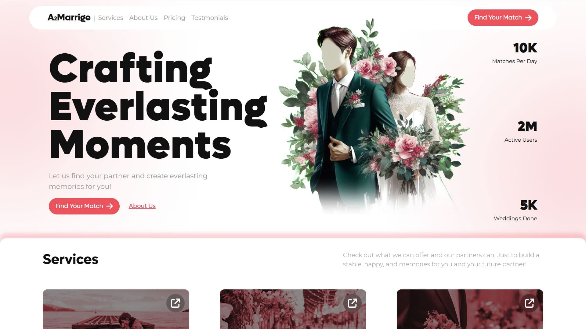 Responsive webpage designed for A2 Marriage featuring elegant wedding-inspired visuals, interactive planning elements, modern UI design, and an optimized user experience. | صفحة ويب متجاوبة مصممة لمنصة A2 Marriage تتضمن عناصر بصرية مستوحاة من حفلات الزفاف، وأدوات تخطيط تفاعلية، وواجهات حديثة، وتجربة مستخدم محسنة.