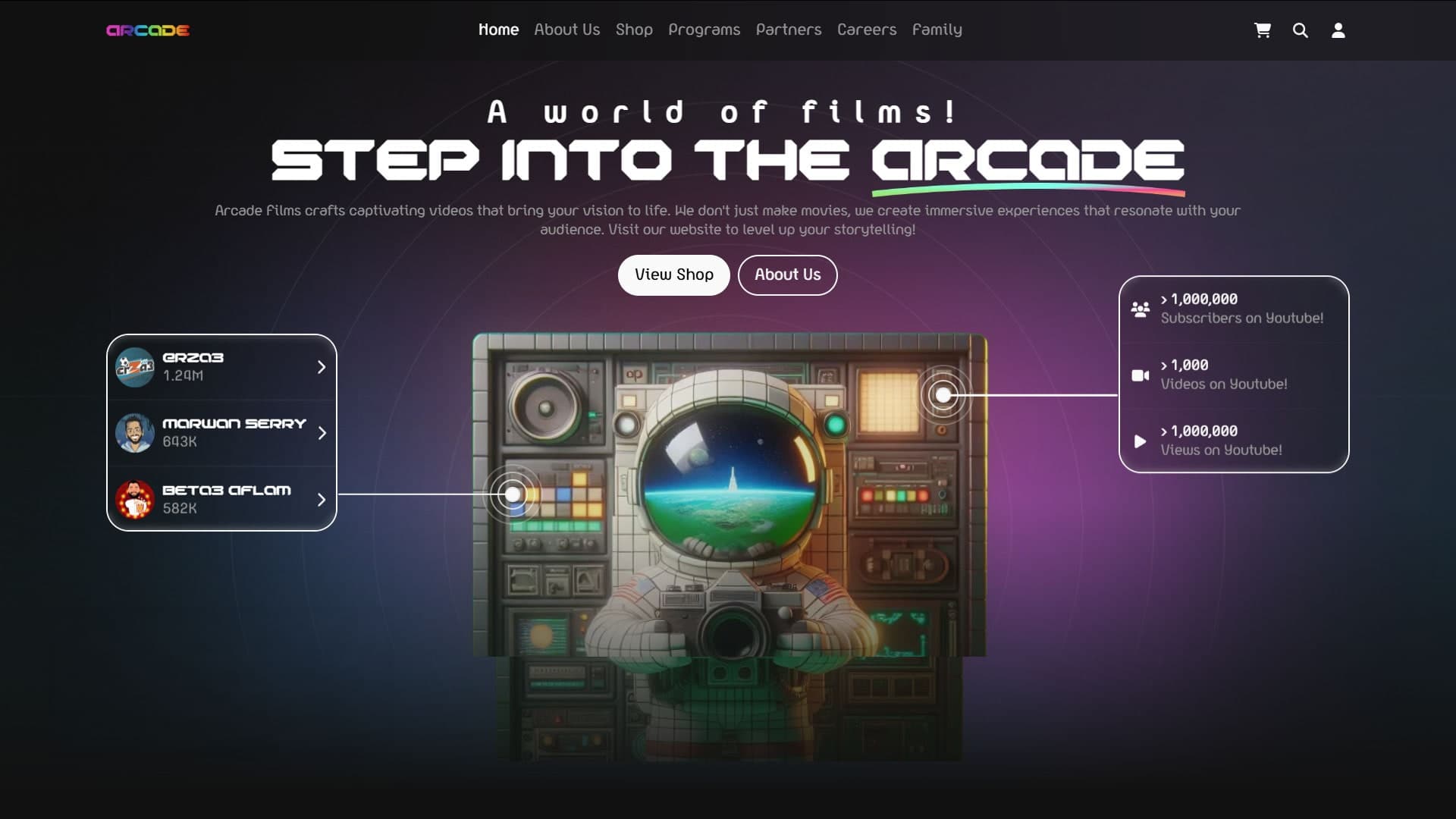 Responsive website page designed for Arcade Media Production Agency featuring cinematic visuals, modern UI design, and an optimized user experience. | صفحة ويب متجاوبة مصممة لوكالة Arcade للإنتاج الإعلامي تتضمن عناصر بصرية سينمائية، وواجهات حديثة، وتجربة مستخدم محسنة.