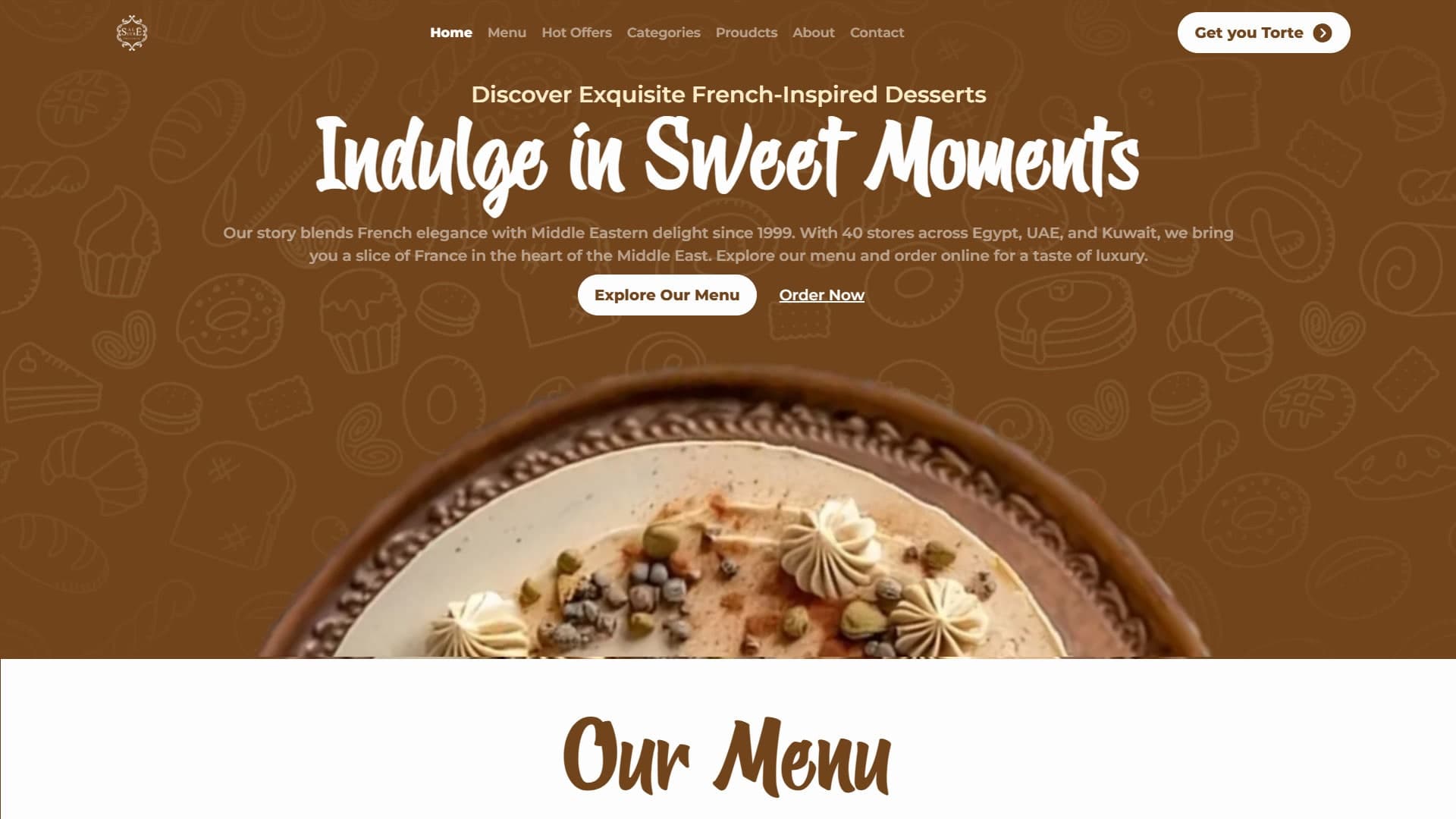 Responsive website page designed for Sale Sucre Patisserie featuring elegant visuals, premium dessert photography, modern UI design, and an optimized user experience. | صفحة ويب متجاوبة مصممة لـ Sale Sucre Patisserie تتضمن صورًا راقية للحلويات، وواجهات حديثة، وعناصر بصرية أنيقة، وتجربة مستخدم محسنة.