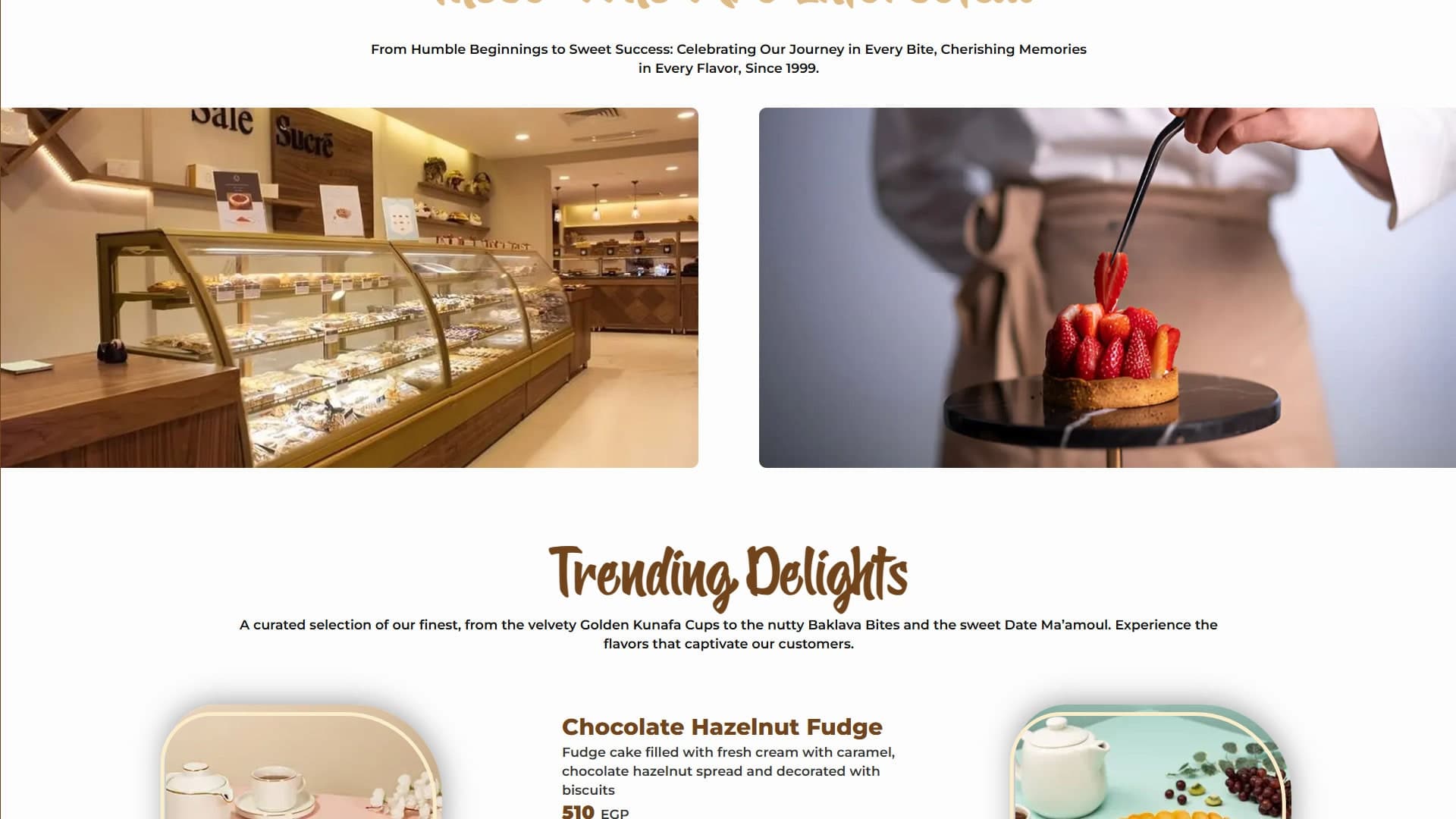Responsive website page designed for Sale Sucre Patisserie featuring elegant visuals, premium dessert photography, modern UI design, and an optimized user experience. | صفحة ويب متجاوبة مصممة لـ Sale Sucre Patisserie تتضمن صورًا راقية للحلويات، وواجهات حديثة، وعناصر بصرية أنيقة، وتجربة مستخدم محسنة.